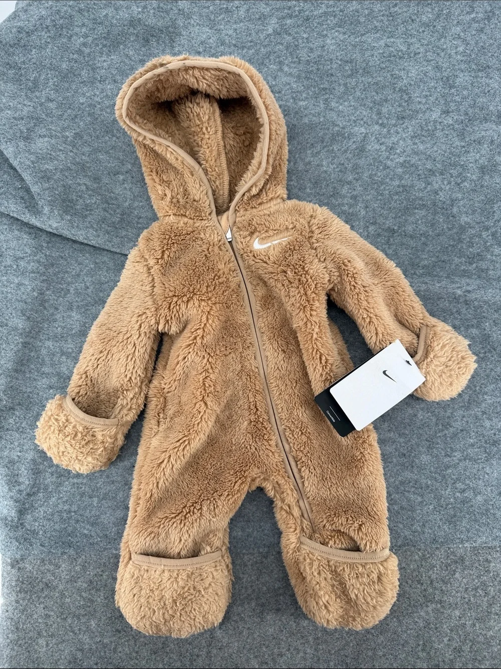 Nike convertible teddy bear Plush Hooded One-Piece in Tan full zip up